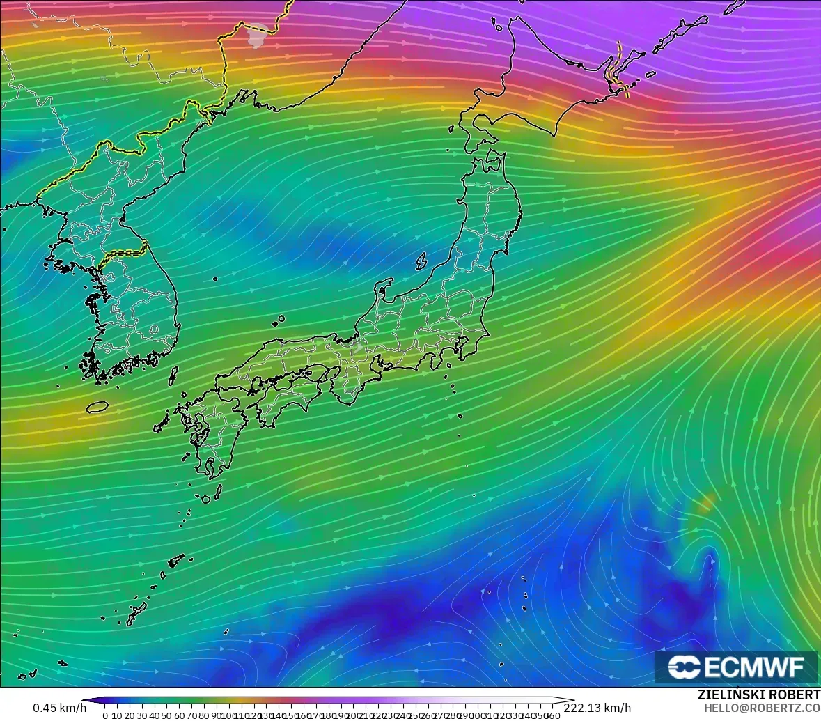 ECMWF IFS 0.25° modelo - Japón, Viento a 300 hPa (corriente en chorro)