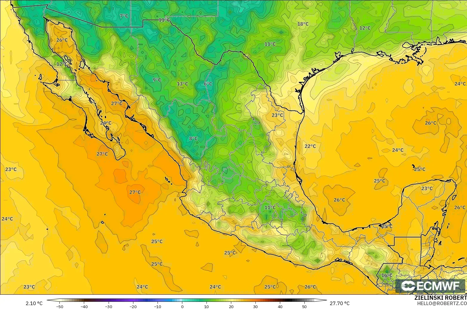 ECMWF IFS 0.25° modelo - México, Punto de rocío a 2 m
