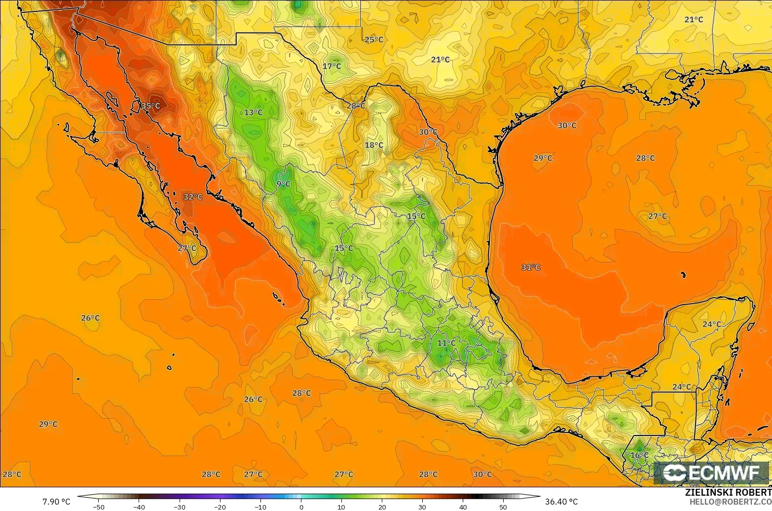 ECMWF IFS 0.25° modelo - México, Temperatura a 2 m
