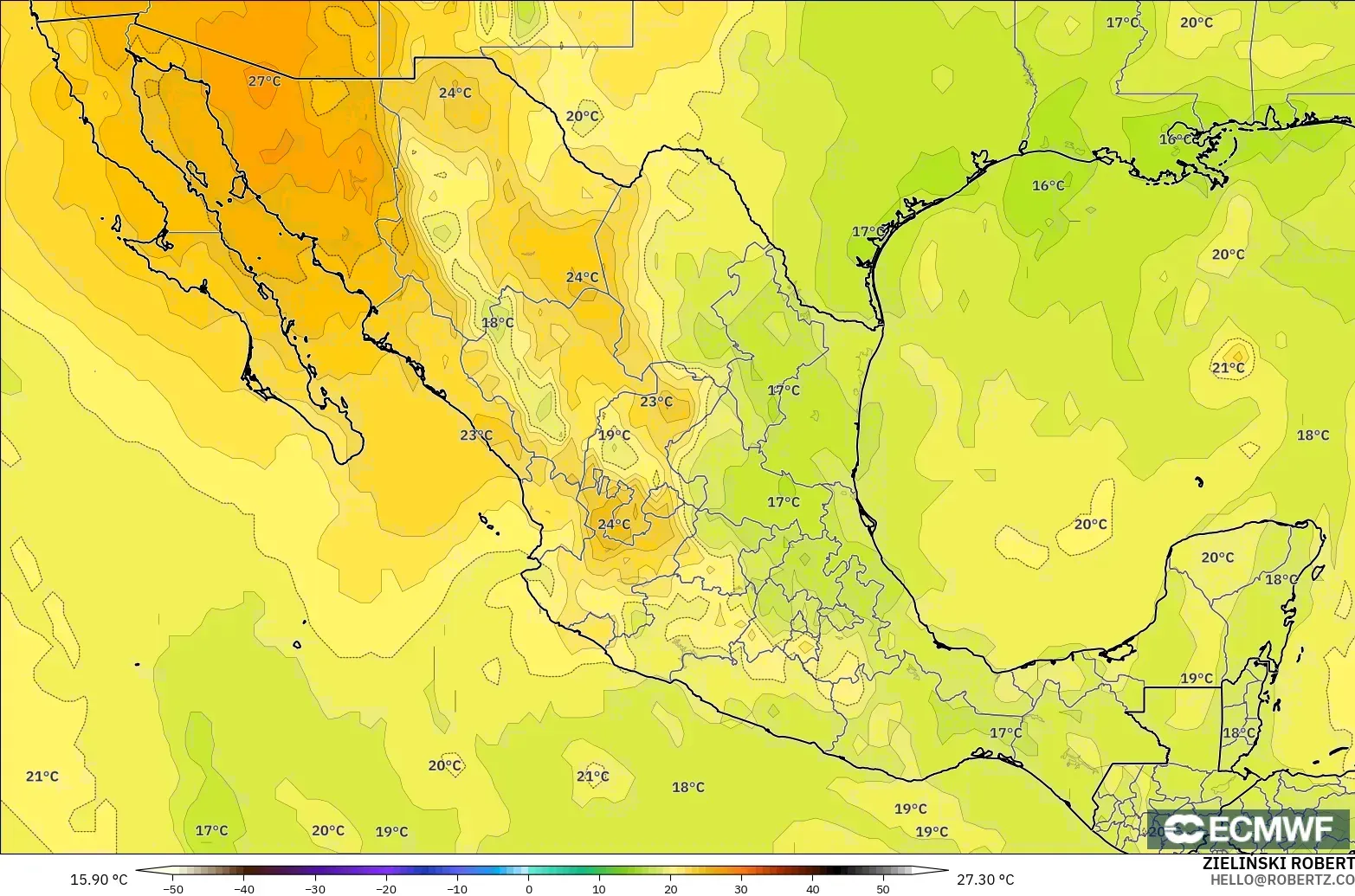 ECMWF IFS 0.25° modelo - México, Temperatura a 850 hPa