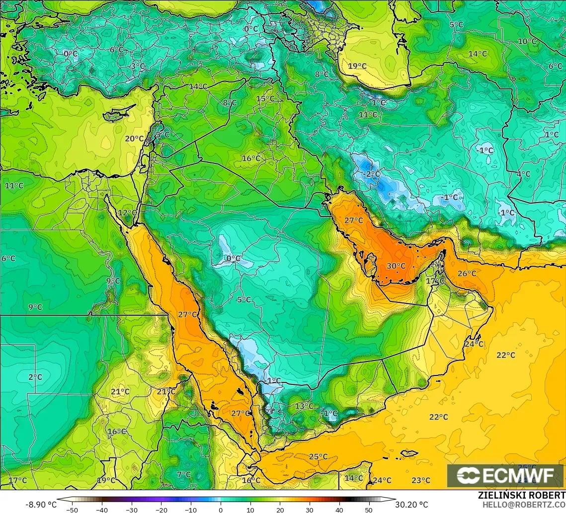 ECMWF IFS 0.25° modelo - Oriente Medio, Punto de rocío a 2 m