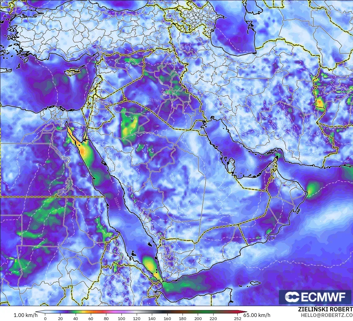 ECMWF IFS 0.25° modelo - Oriente Medio, Ráfagas de viento