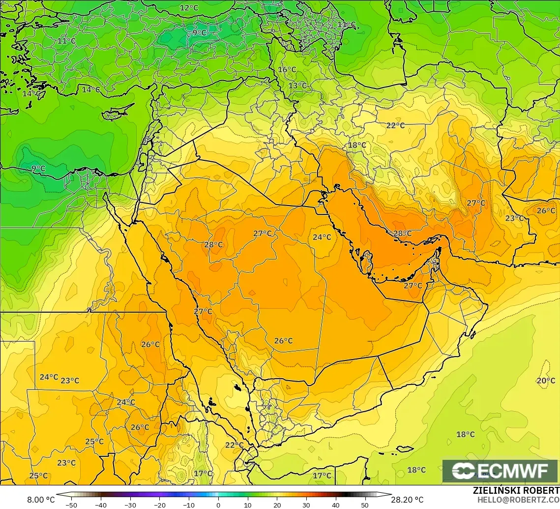 ECMWF IFS 0.25° modelo - Oriente Medio, Temperatura a 850 hPa