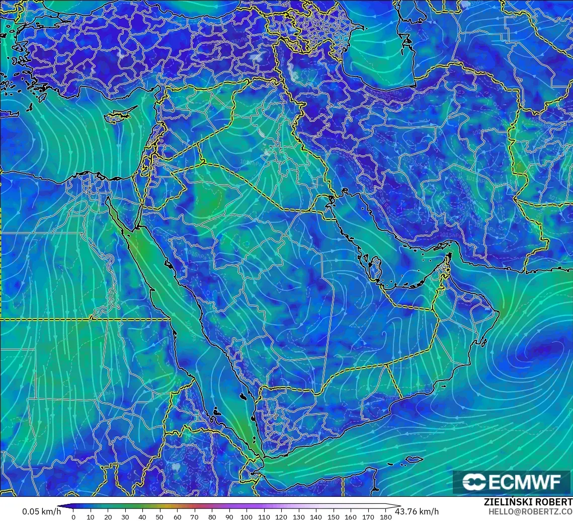 ECMWF IFS 0.25° modelo - Oriente Medio, Viento a 10 m