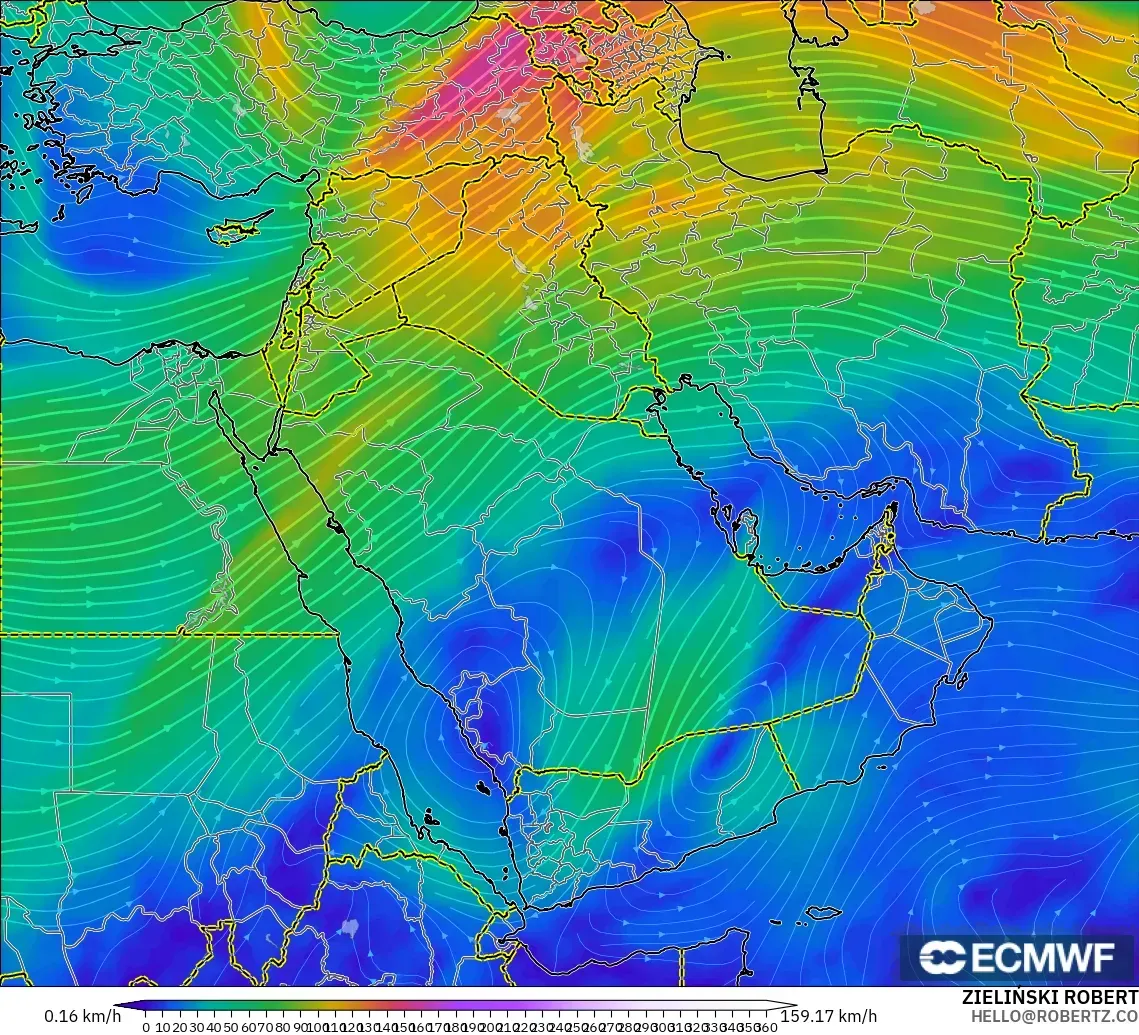ECMWF IFS 0.25° modelo - Oriente Medio, Viento a 300 hPa (corriente en chorro)