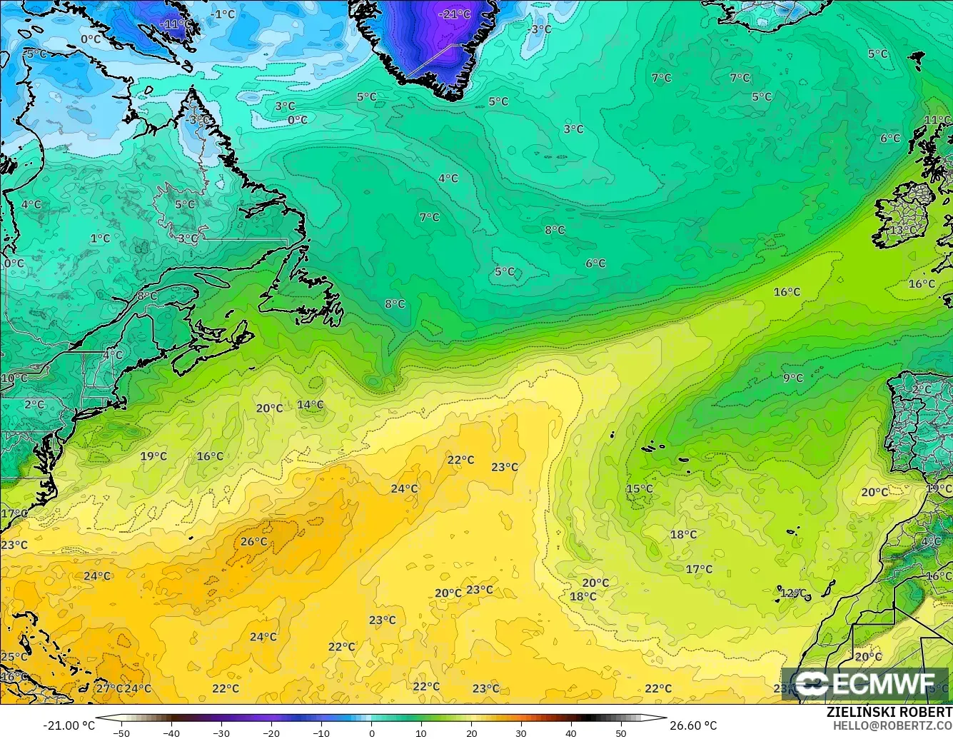ECMWF IFS 0.25° modelo - Norte Atlántico, Punto de rocío a 2 m