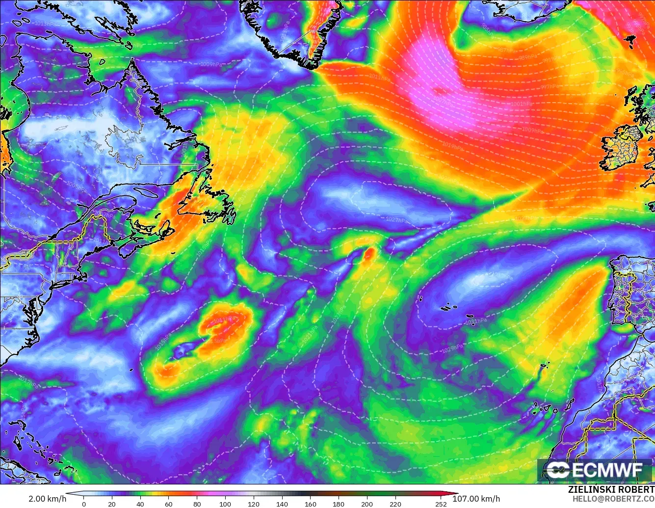 ECMWF IFS 0.25° modelo - Norte Atlántico, Ráfagas de Viento Máximas