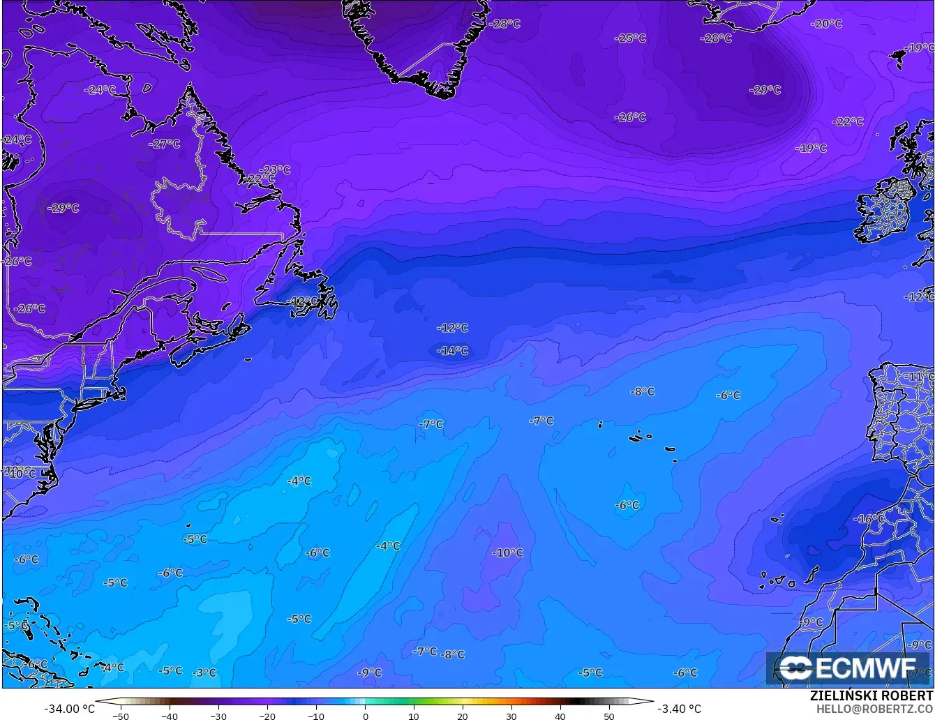 ECMWF IFS 0.25° modelo - Norte Atlántico, Temperatura a 500 hPa