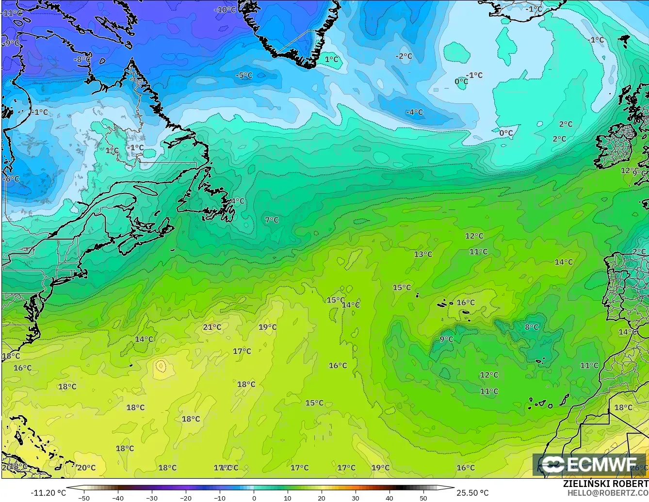 ECMWF IFS 0.25° modelo - Norte Atlántico, Temperatura a 850 hPa