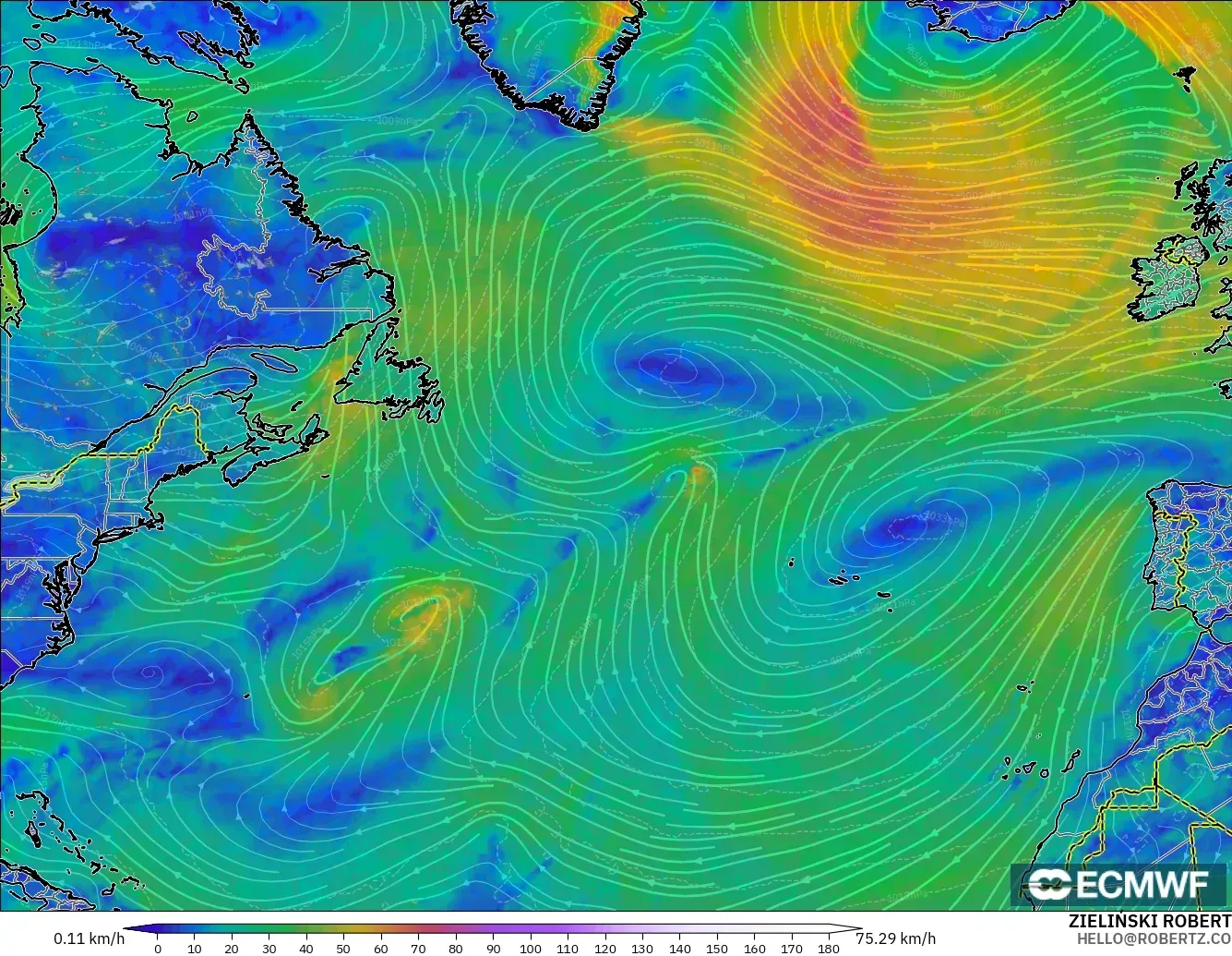 ECMWF IFS 0.25° modelo - Norte Atlántico, Viento a 10 m