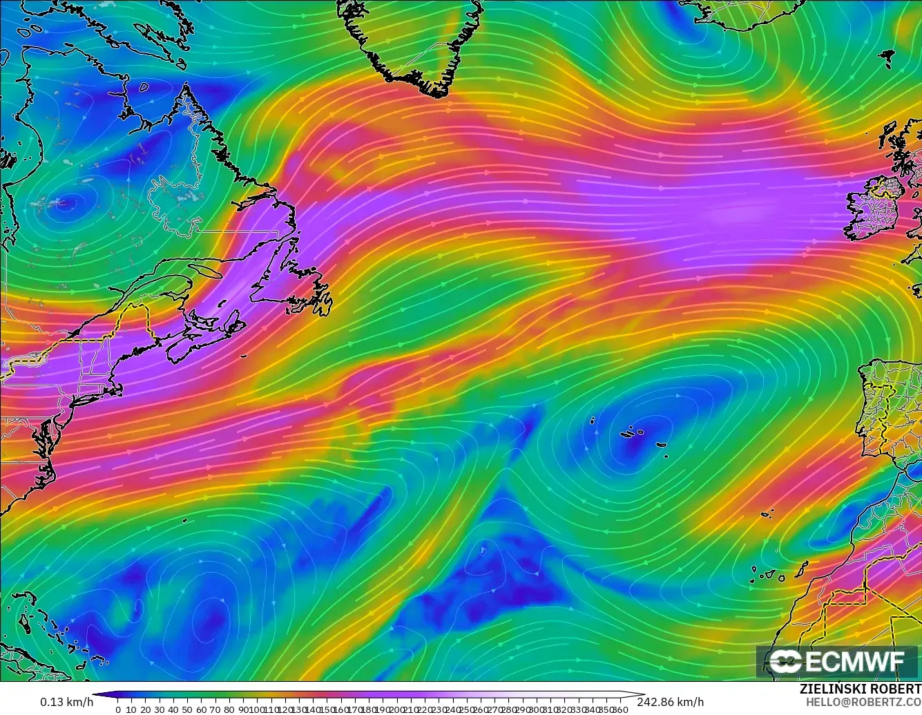 ECMWF IFS 0.25° modelo - Norte Atlántico, Viento a 300 hPa (corriente en chorro)