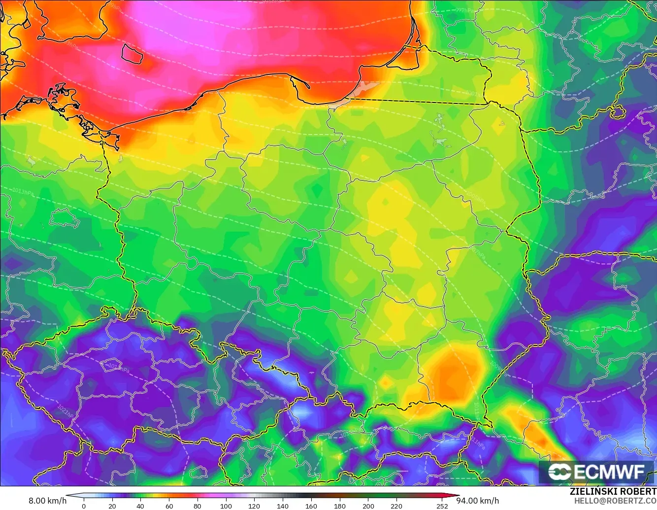 ECMWF IFS 0.25° modelo - Polonia, Ráfagas de viento