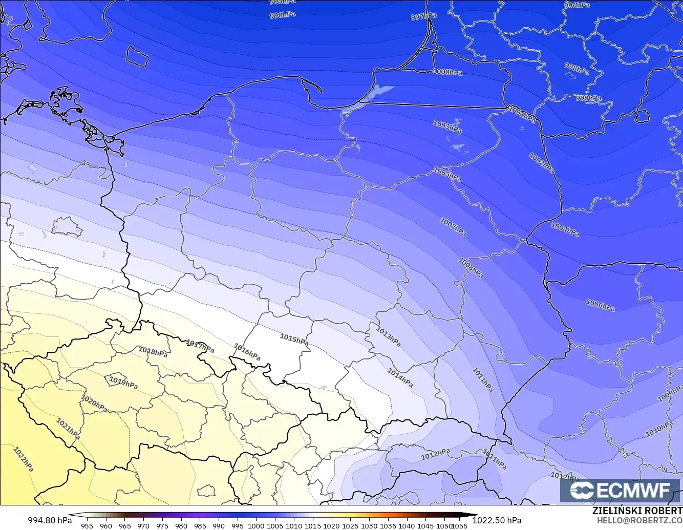 ECMWF IFS 0.25° modelo - Polonia, Presión