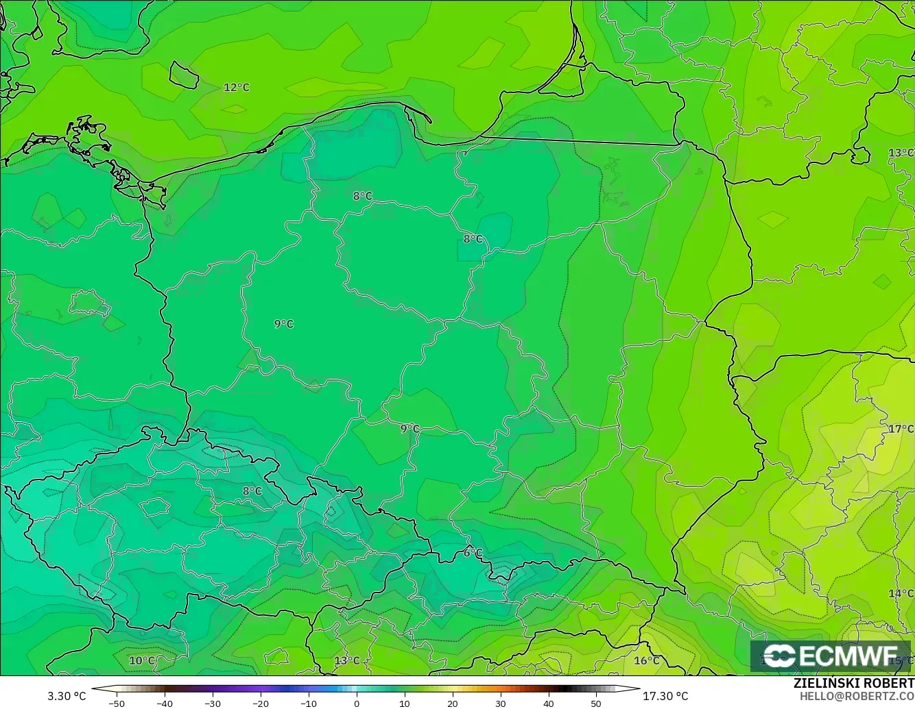 ECMWF IFS 0.25° modelo - Polonia, Temperatura a 2 m