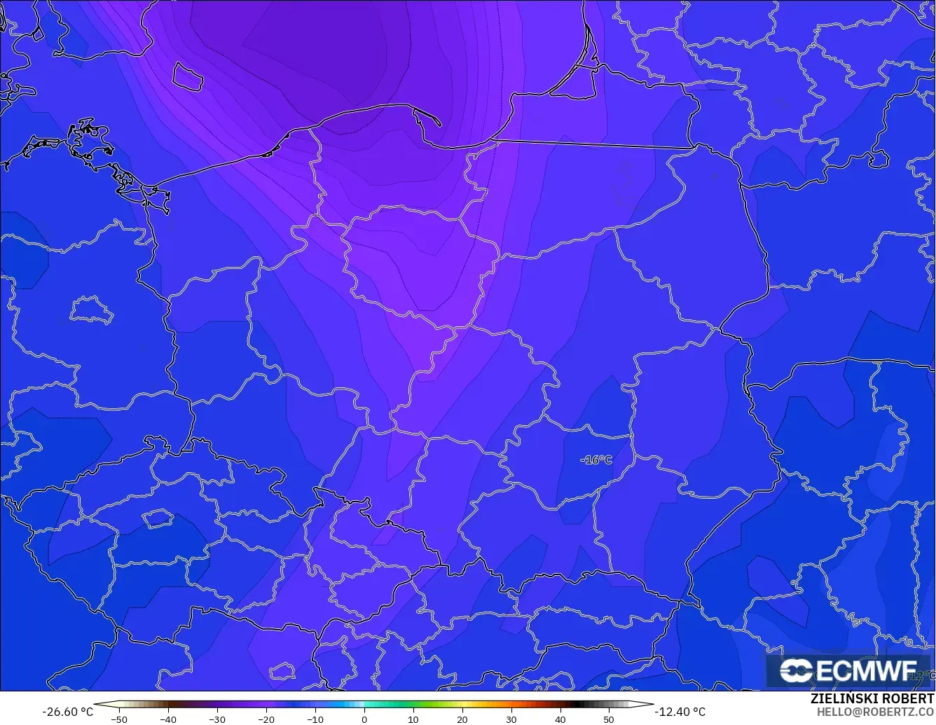 ECMWF IFS 0.25° modelo - Polonia, Temperatura a 500 hPa