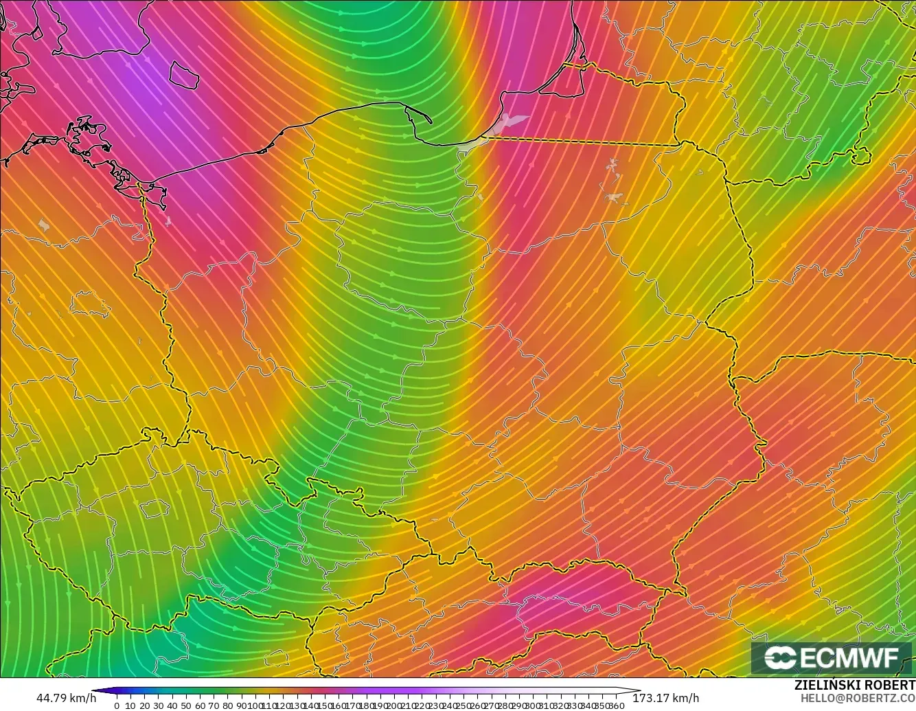 ECMWF IFS 0.25° modelo - Polonia, Viento a 300 hPa (corriente en chorro)