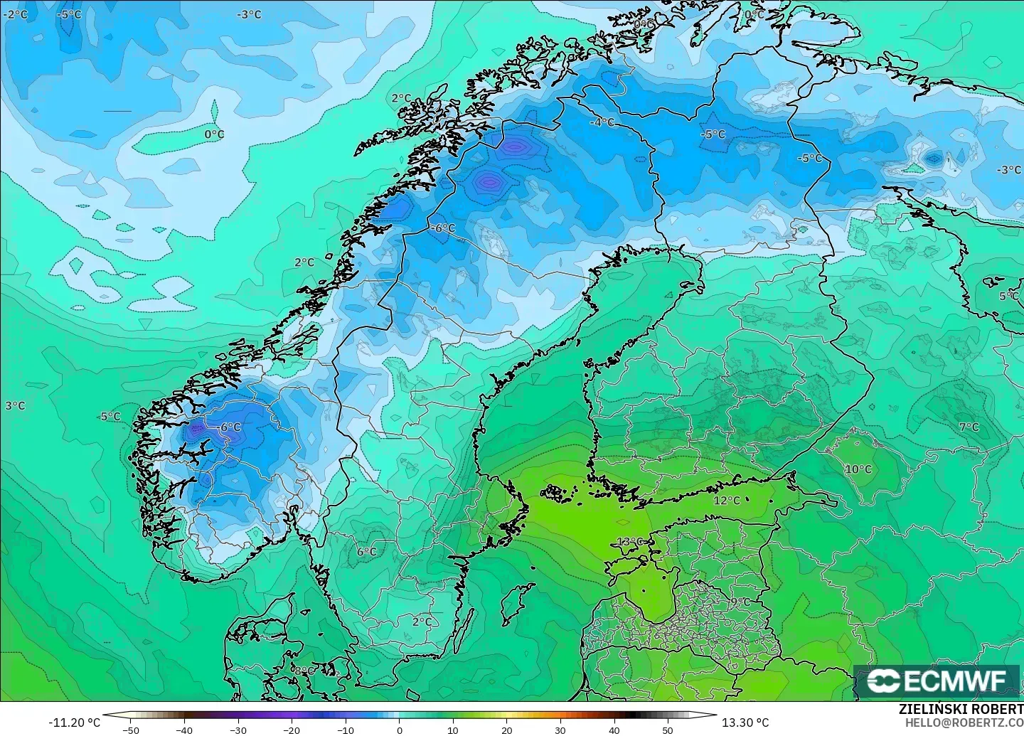 ECMWF IFS 0.25° modelo - Escandinavia, Punto de rocío a 2 m