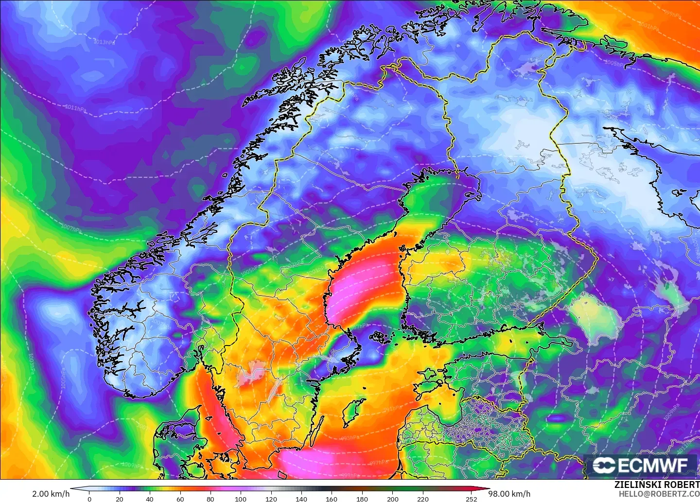 ECMWF IFS 0.25° modelo - Escandinavia, Ráfagas de Viento Máximas