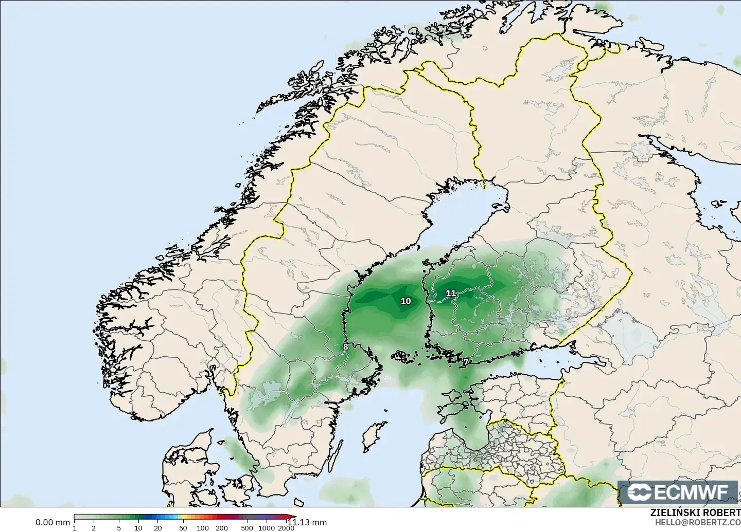 ECMWF IFS 0.25° modelo - Escandinavia, Acumulación de precipitación