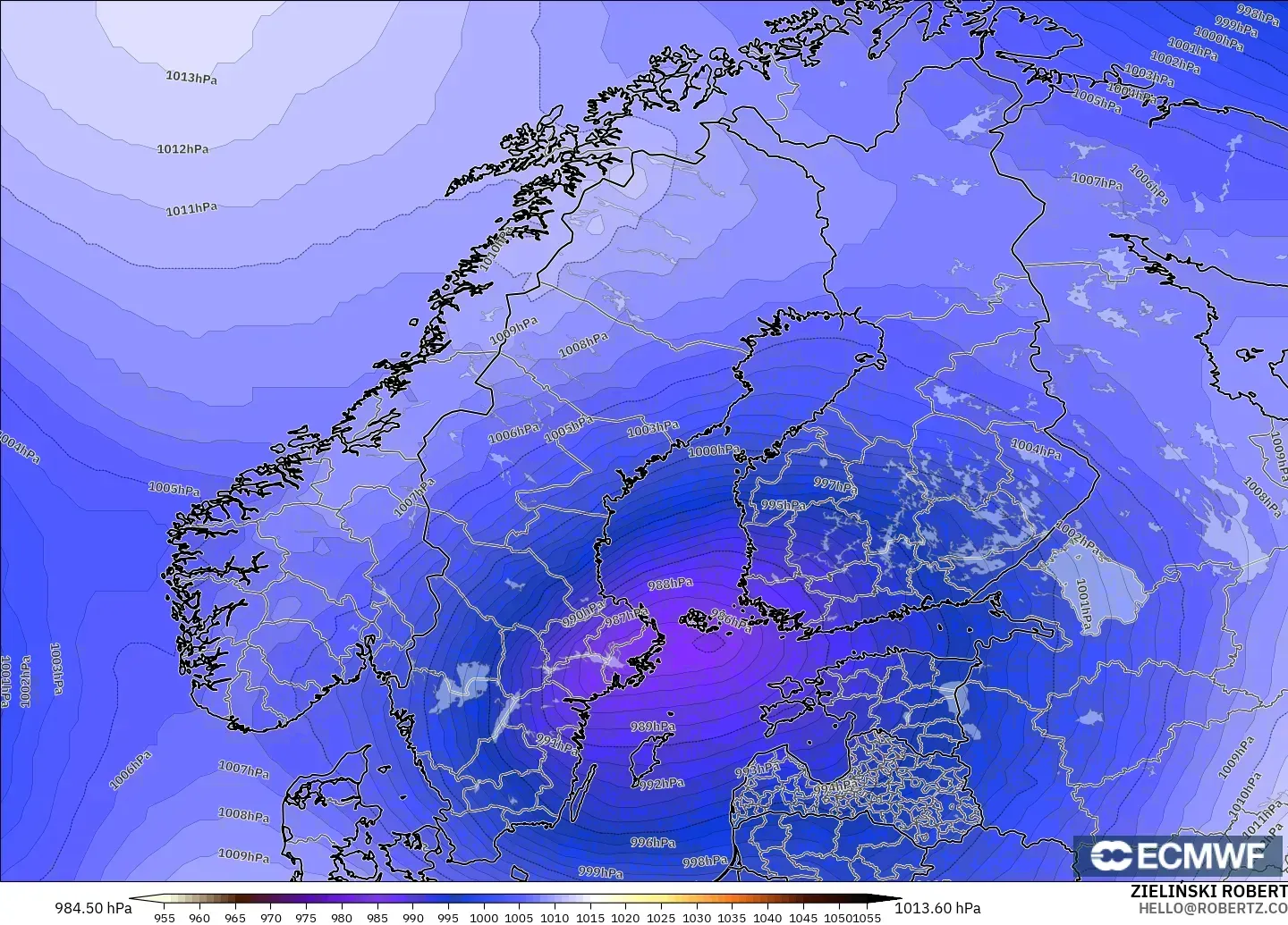 ECMWF IFS 0.25° modelo - Escandinavia, Presión