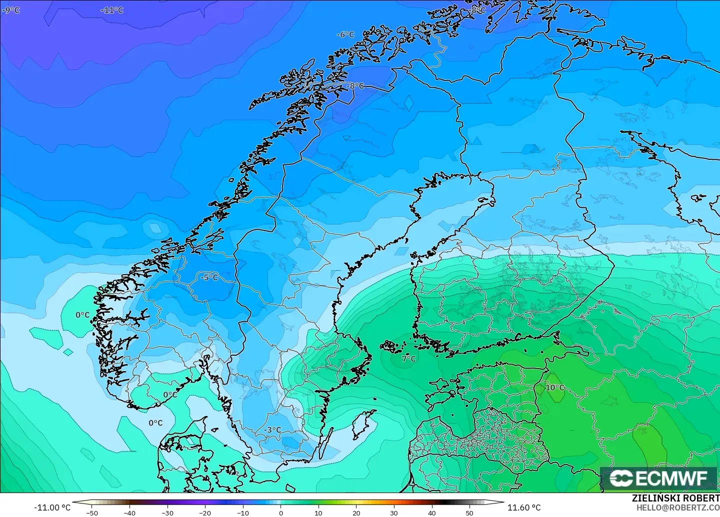 ECMWF IFS 0.25° modelo - Escandinavia, Temperatura a 850 hPa