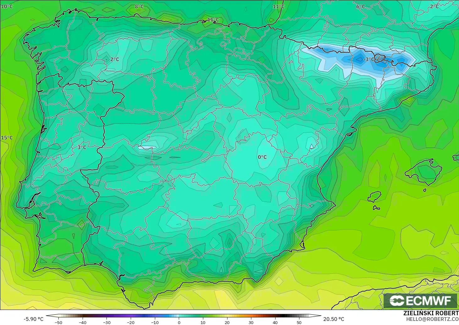 ECMWF IFS 0.25° modelo - España, Punto de rocío a 2 m