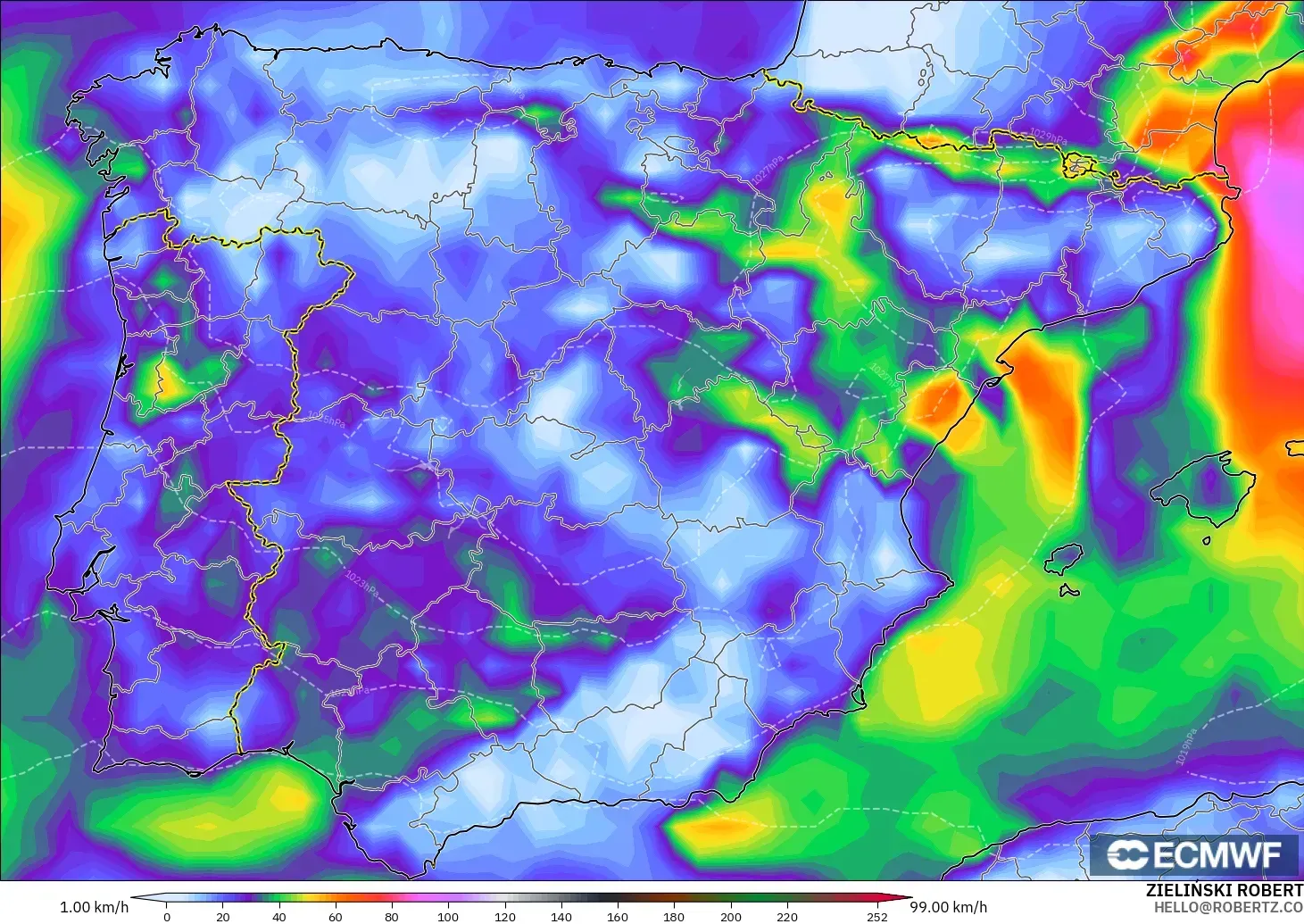 ECMWF IFS 0.25° modelo - España, Ráfagas de viento
