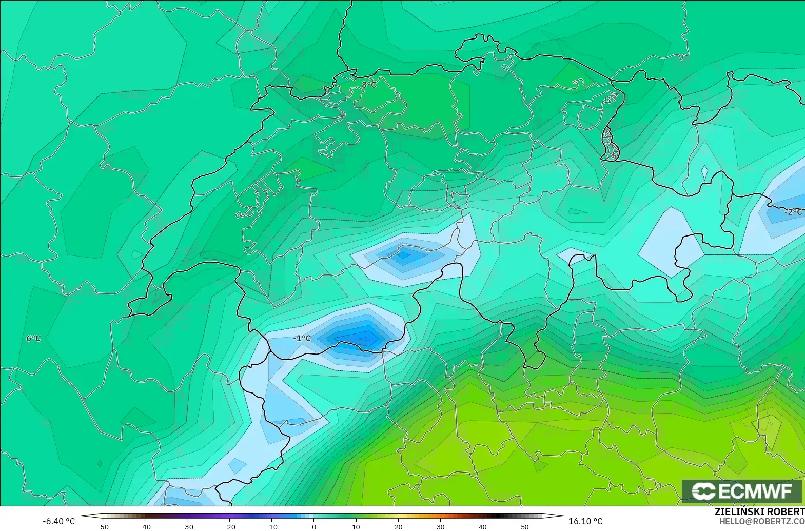 ECMWF IFS 0.25° modelo - Suiza, Punto de rocío a 2 m