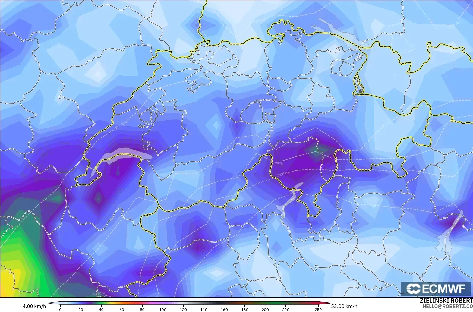 ECMWF IFS 0.25° modelo - Suiza, Ráfagas de Viento Máximas