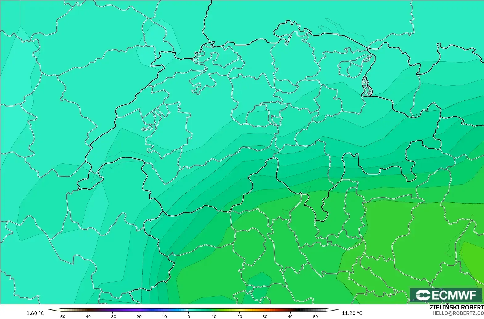 ECMWF IFS 0.25° modelo - Suiza, Temperatura a 850 hPa