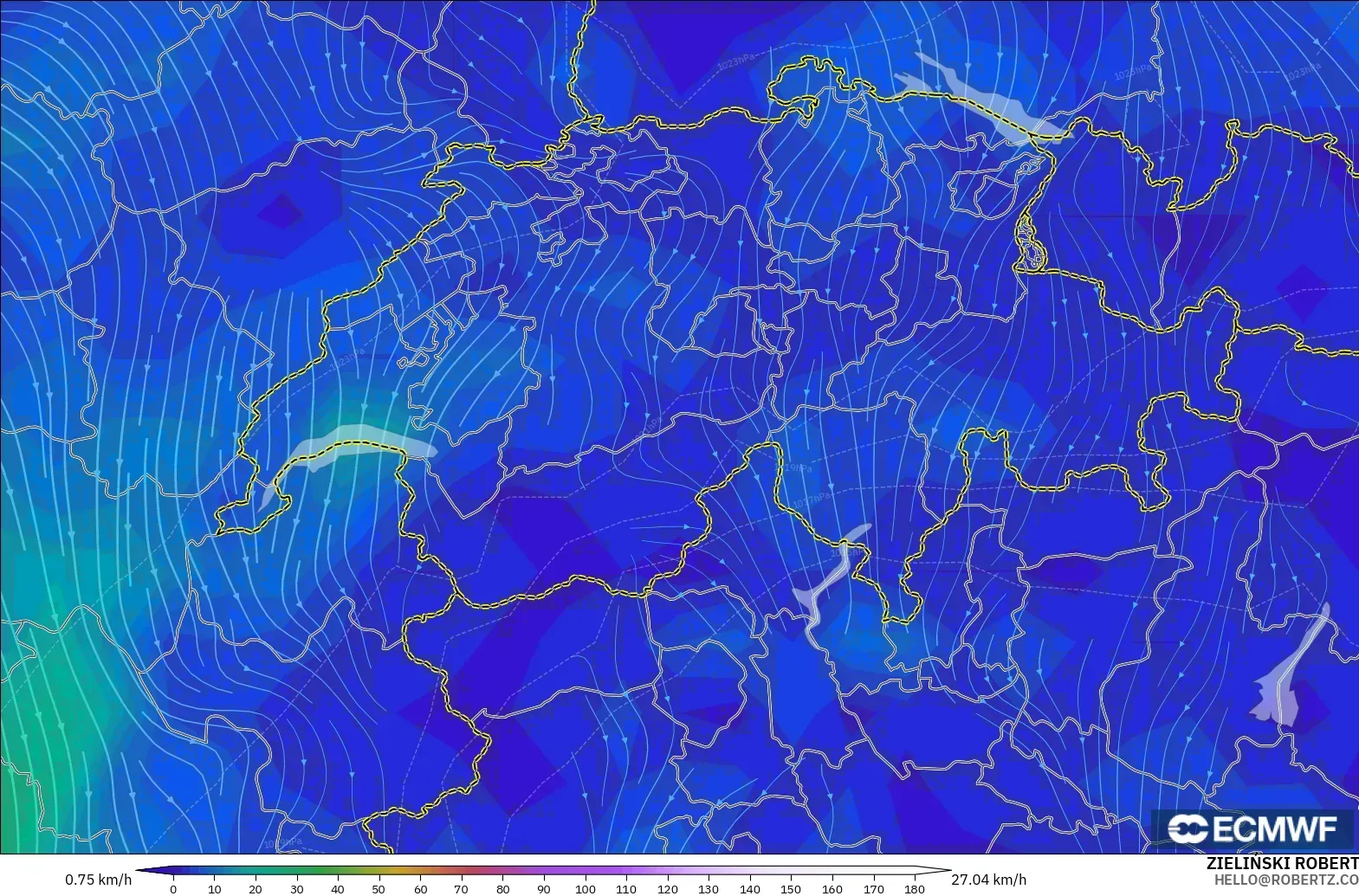 ECMWF IFS 0.25° modelo - Suiza, Viento a 10 m