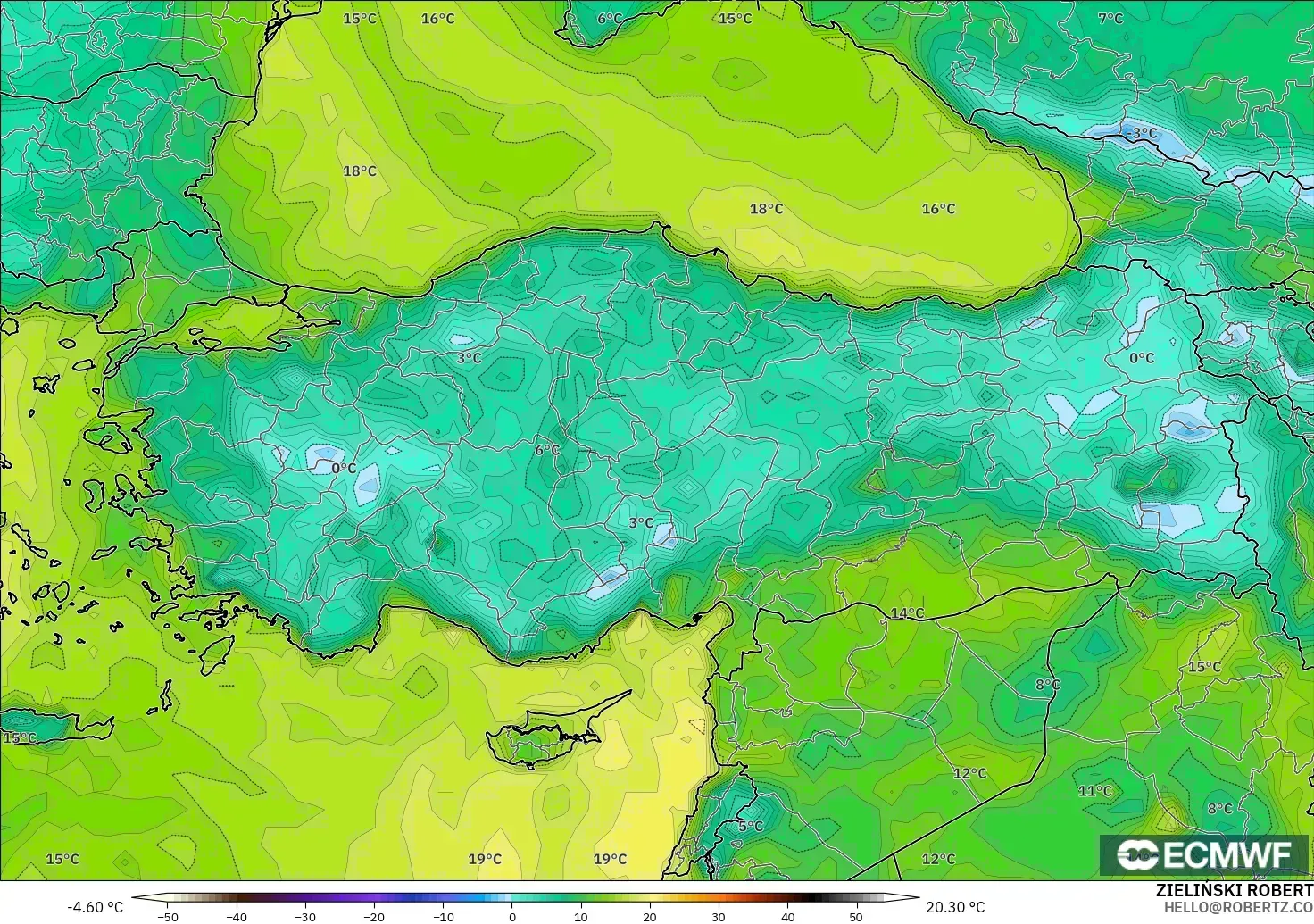 ECMWF IFS 0.25° modelo - Turquía, Punto de rocío a 2 m