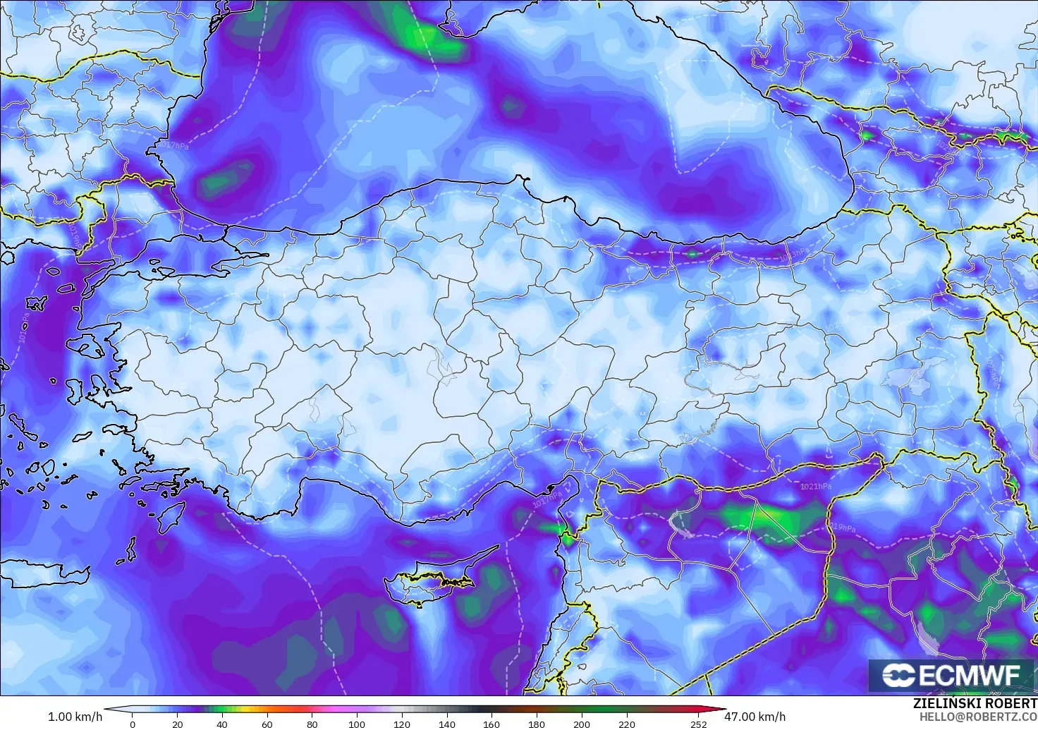 ECMWF IFS 0.25° modelo - Turquía, Ráfagas de viento