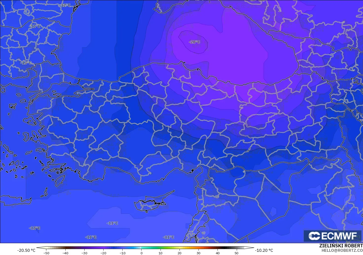ECMWF IFS 0.25° modelo - Turquía, Temperatura a 500 hPa