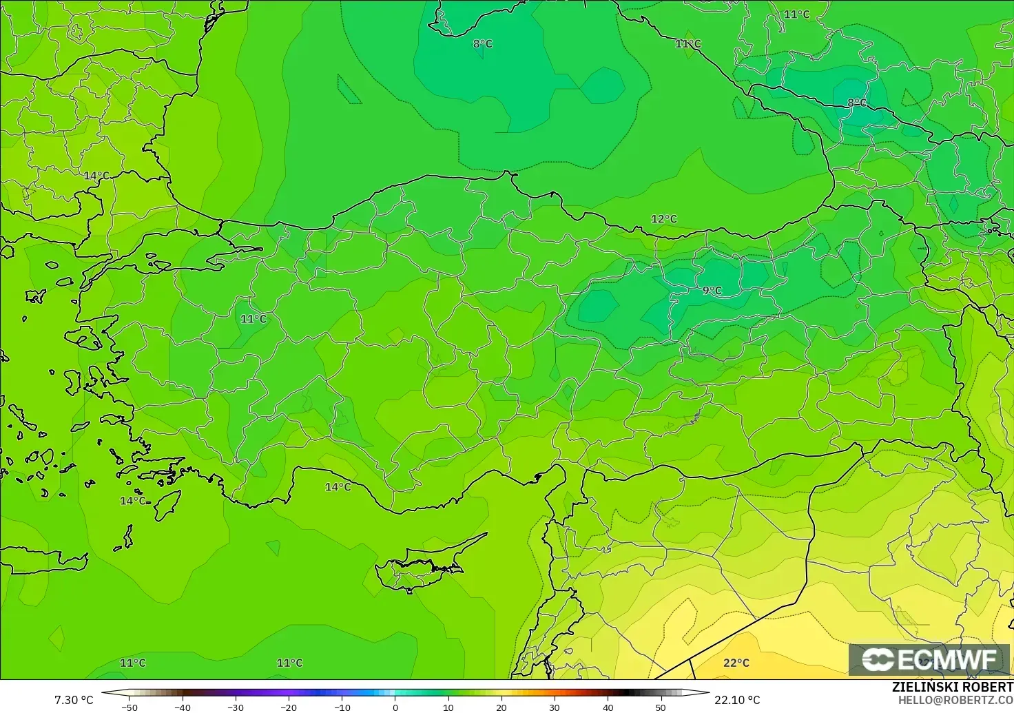 ECMWF IFS 0.25° modelo - Turquía, Temperatura a 850 hPa
