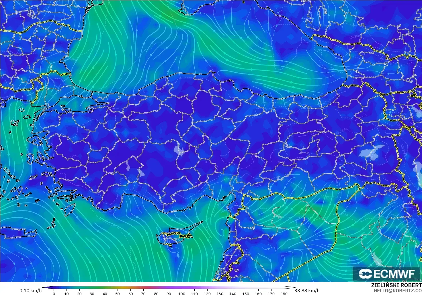 ECMWF IFS 0.25° modelo - Turquía, Viento a 10 m