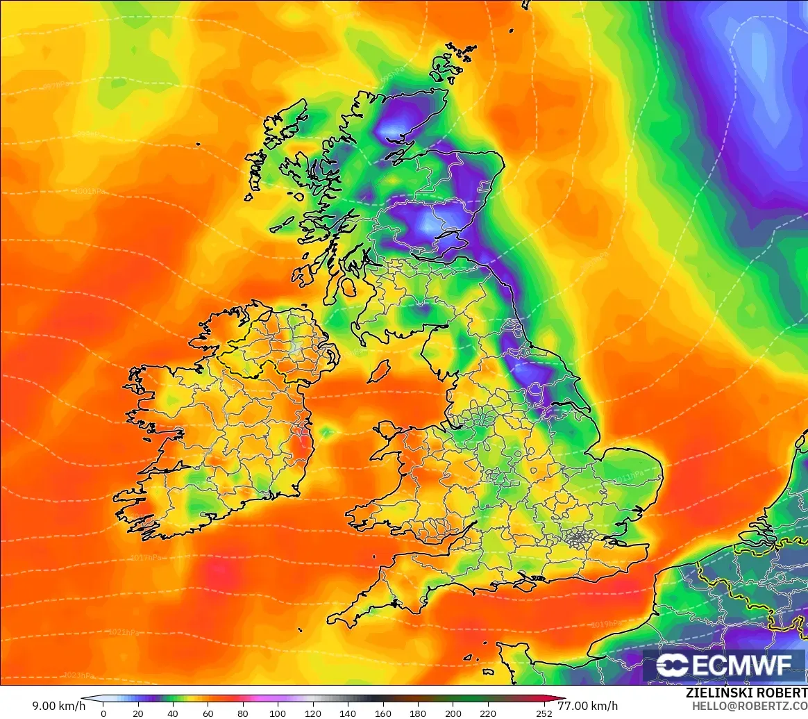 ECMWF IFS 0.25° modelo - Reino Unido, Ráfagas de viento