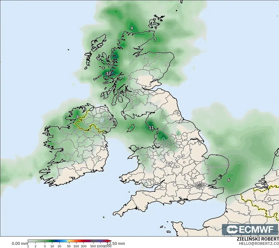 ECMWF IFS 0.25° modelo - Reino Unido, Acumulación de precipitación
