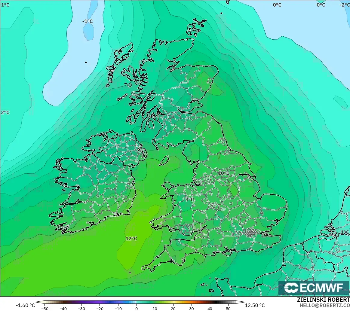 ECMWF IFS 0.25° modelo - Reino Unido, Temperatura a 850 hPa