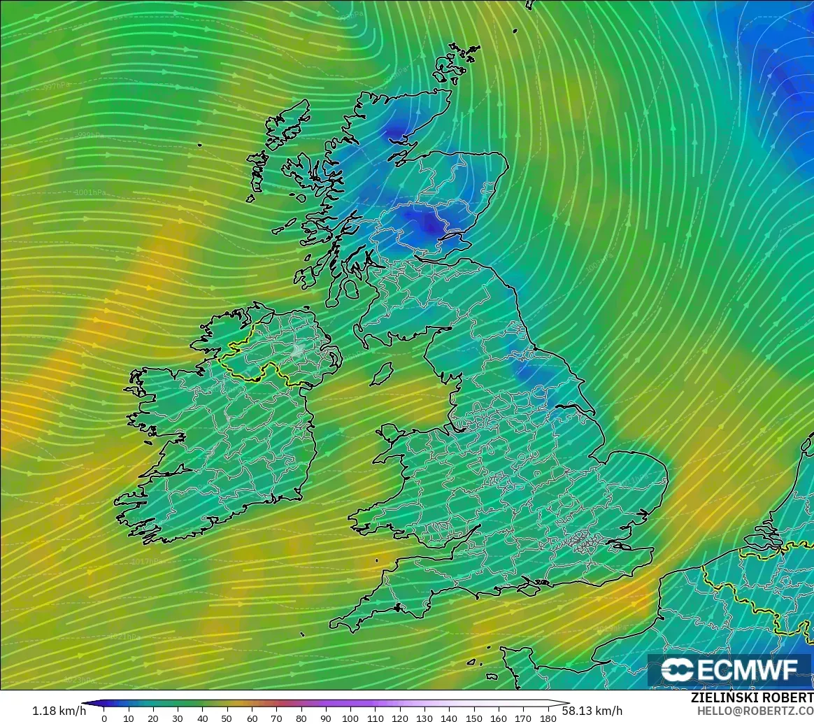 ECMWF IFS 0.25° modelo - Reino Unido, Viento a 10 m