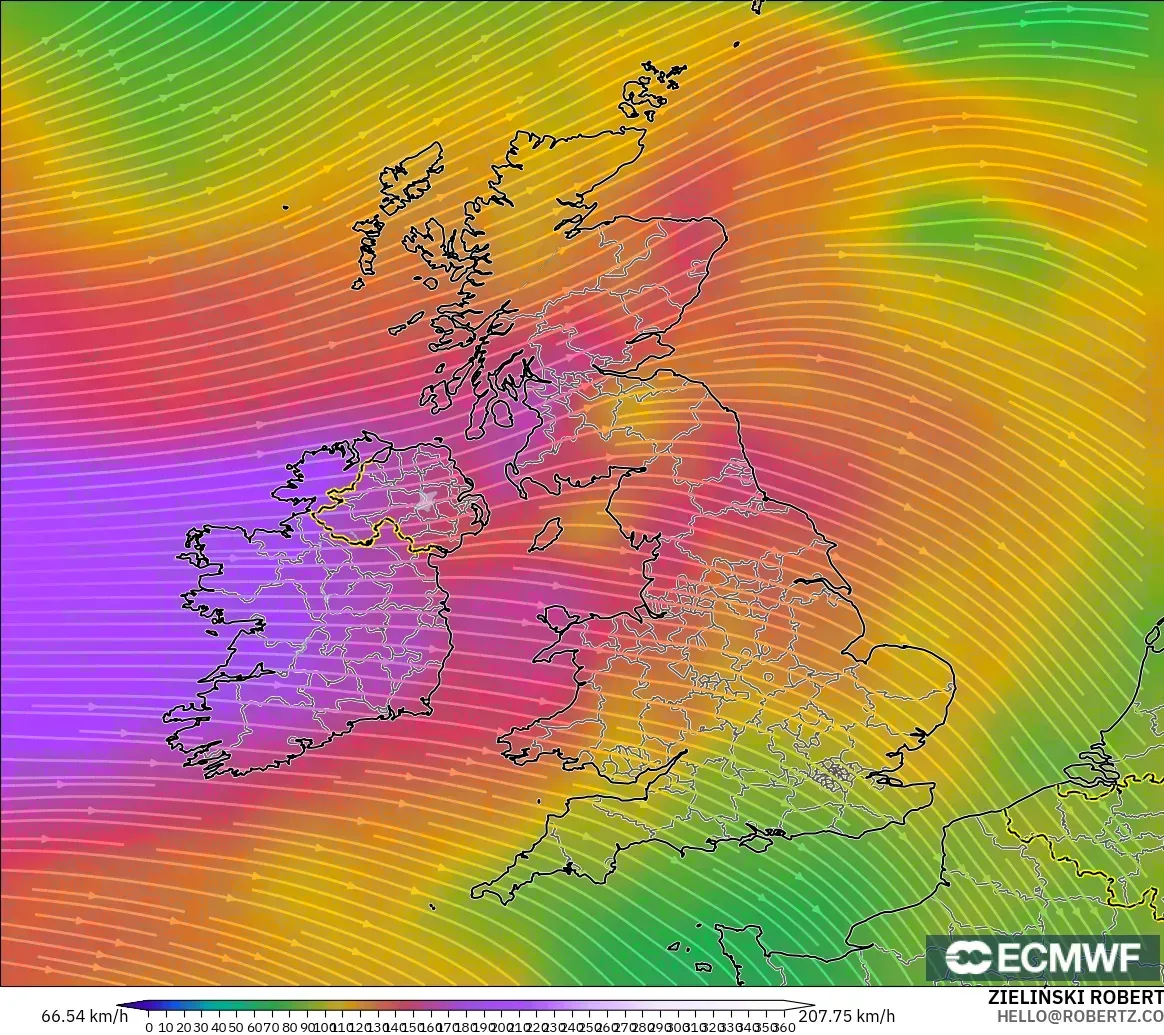 ECMWF IFS 0.25° modelo - Reino Unido, Viento a 300 hPa (corriente en chorro)