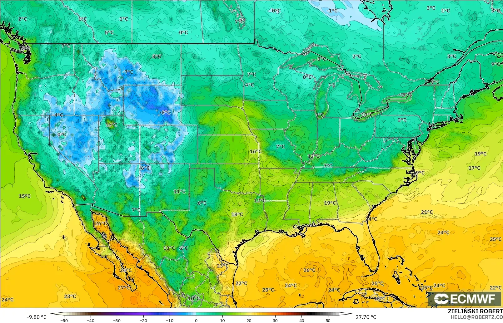 ECMWF IFS 0.25° modelo - Estados Unidos, Punto de rocío a 2 m
