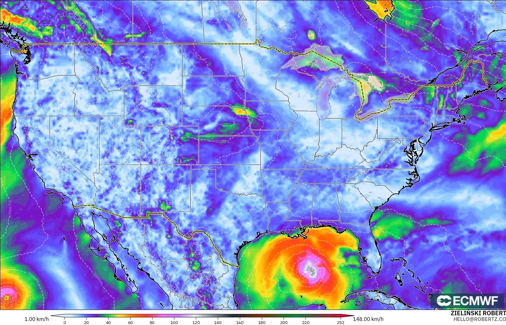 ECMWF IFS 0.25° modelo - Estados Unidos, Ráfagas de viento