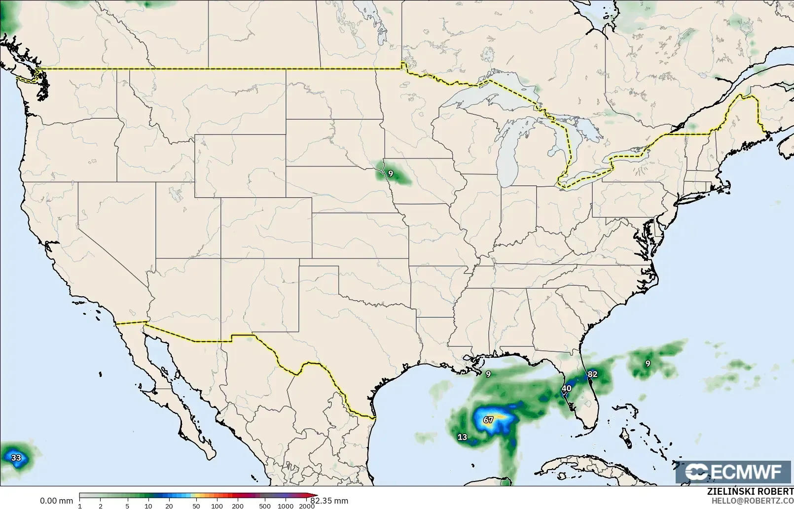 ECMWF IFS 0.25° modelo - Estados Unidos, Acumulación de precipitación