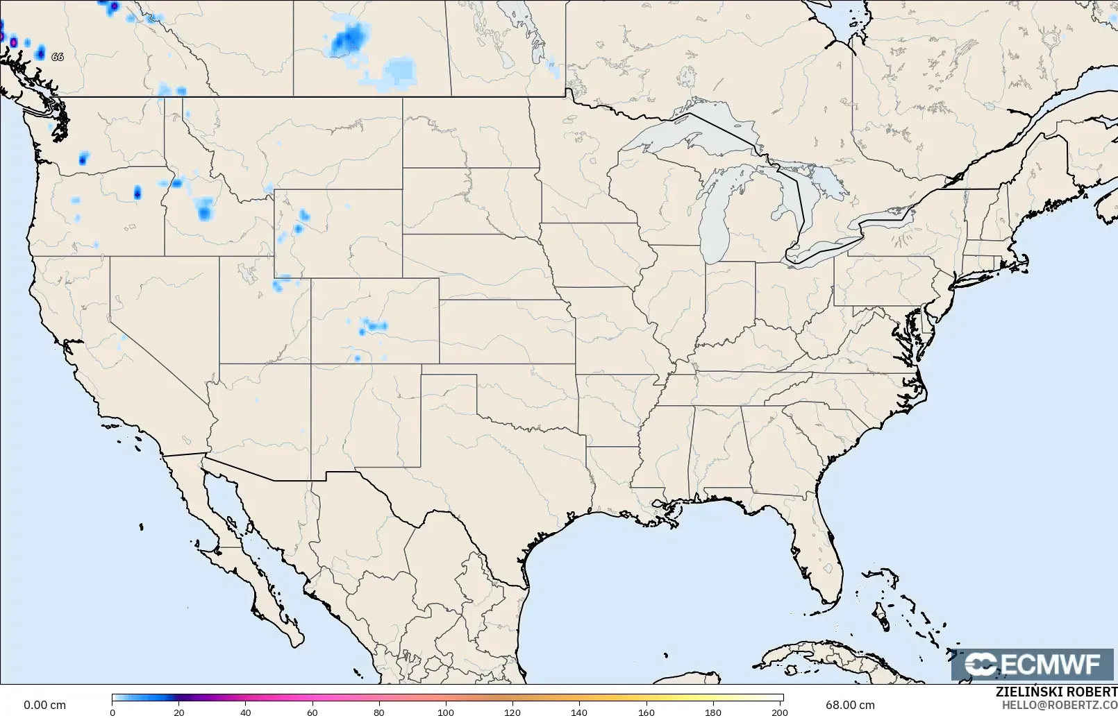 ECMWF IFS 0.25° modelo - Estados Unidos, Profundidad de nieve
