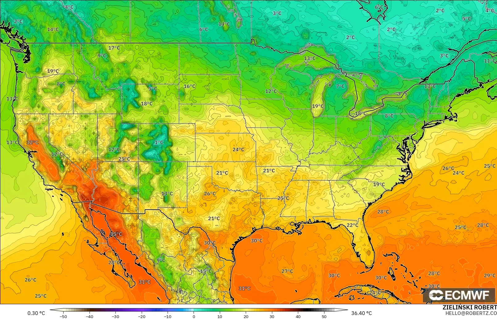 ECMWF IFS 0.25° modelo - Estados Unidos, Temperatura a 2 m