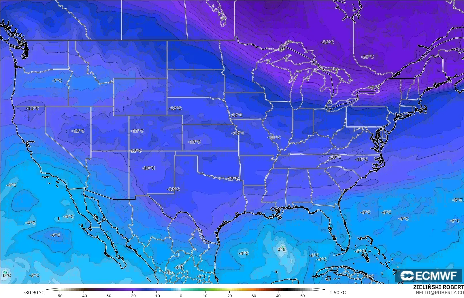 ECMWF IFS 0.25° modelo - Estados Unidos, Temperatura a 500 hPa