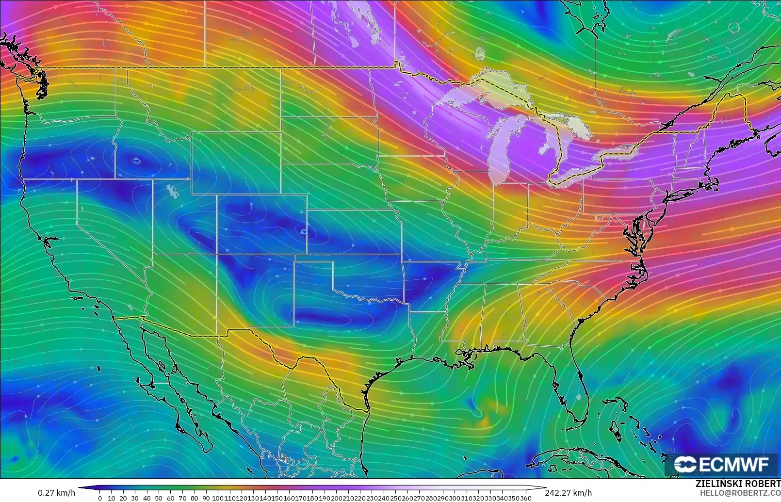ECMWF IFS 0.25° modelo - Estados Unidos, Viento a 300 hPa (corriente en chorro)