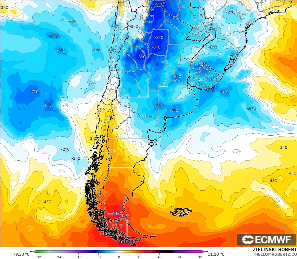 ECMWF IFS 0.25° modelo - Argentina, Anomalía de temperatura a 850 hPa