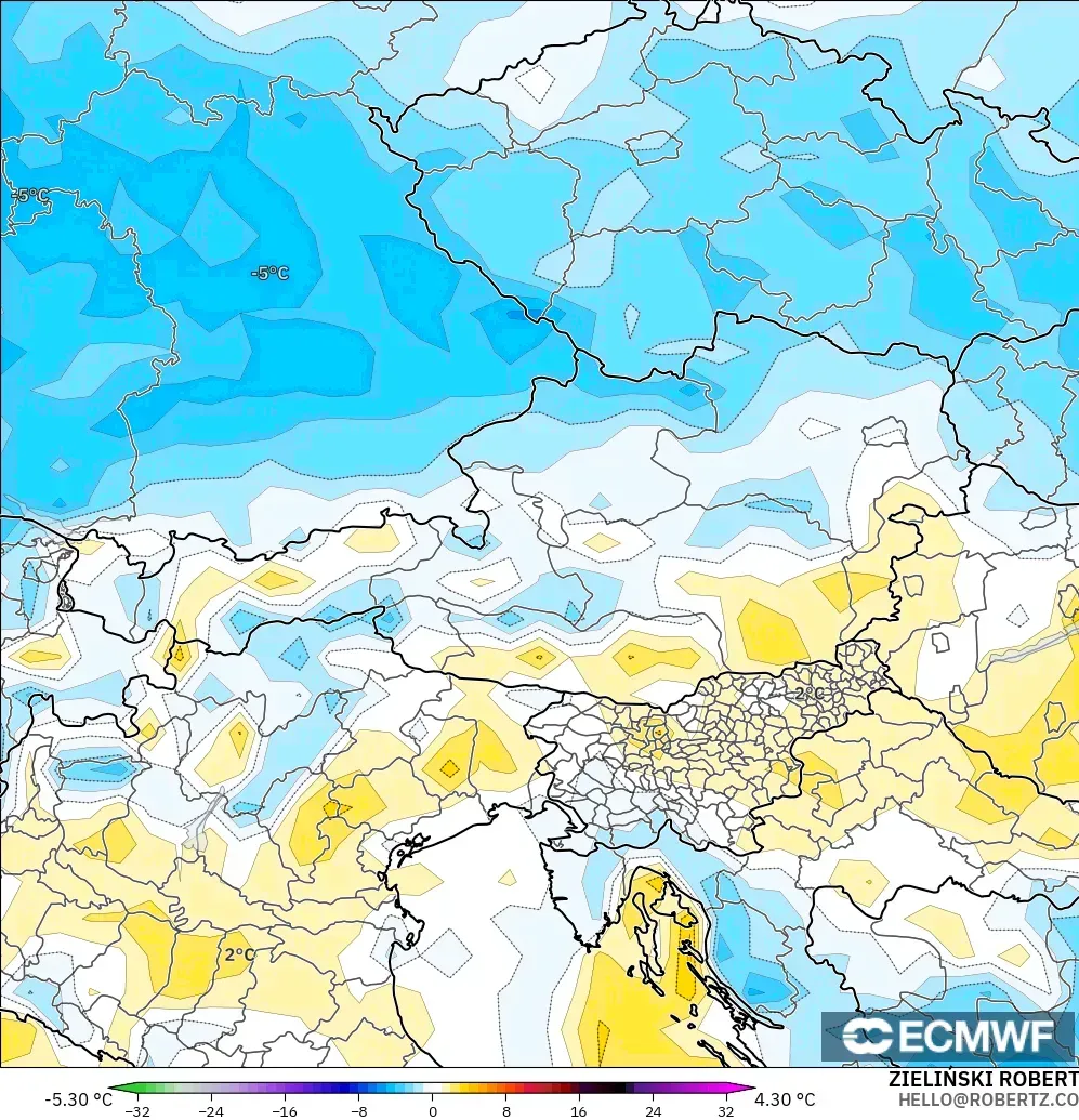 ECMWF IFS 0.25° modelo - Austria, Anomalía de temperatura a 2 m